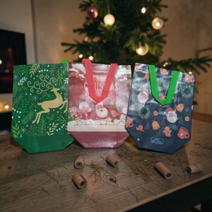 Christmas Gift Bag Lot of 3 Reusable Holiday Gift Bags Santa Reindeer Gift Wrap